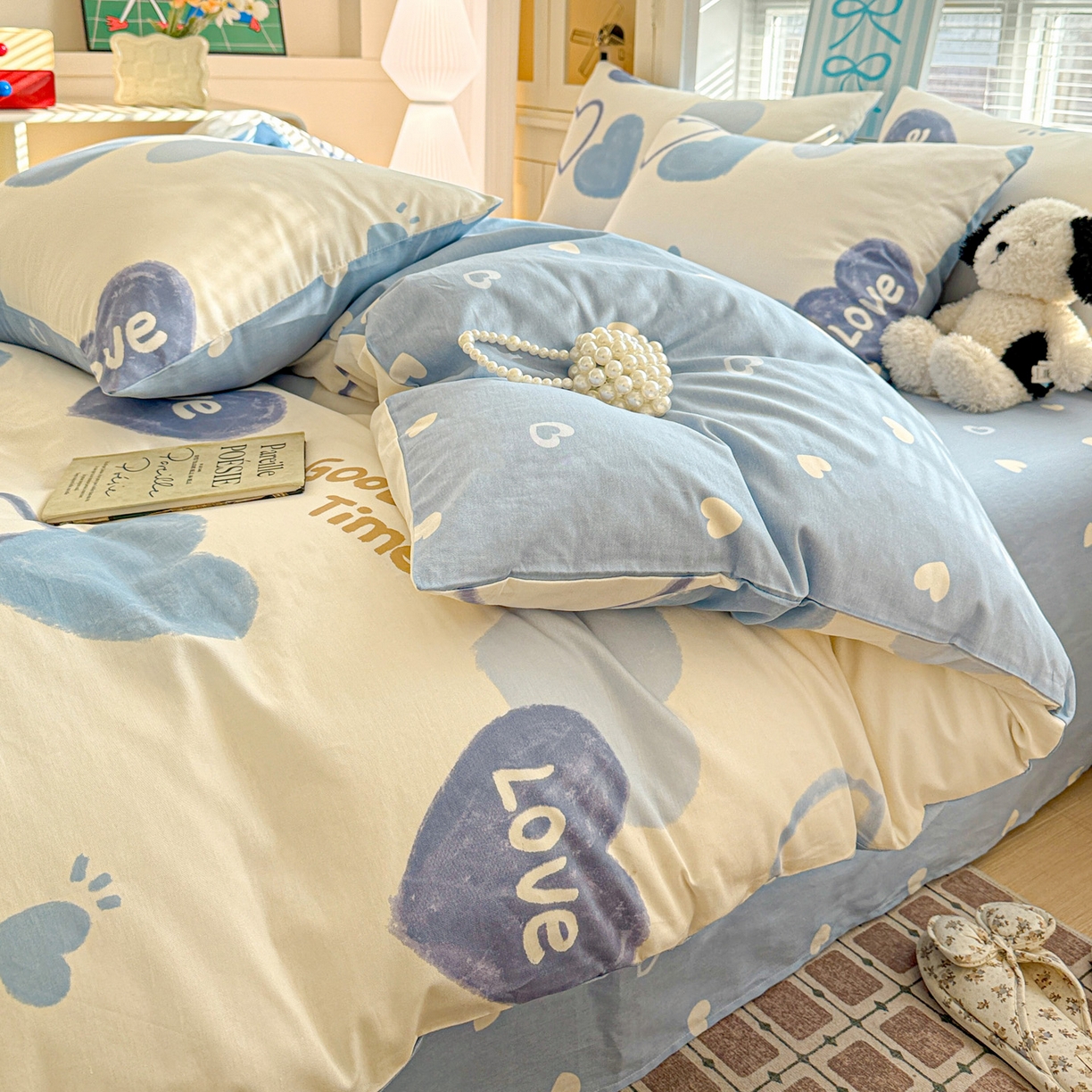 91家纺网 家纺一手货源 找家纺 名品家纺 2026新款100%纯棉四件套系列 奶油爱心