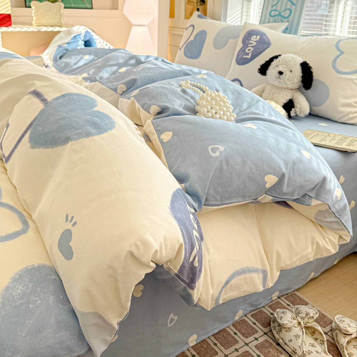 91家纺网 家纺一手货源 找家纺 名品家纺 2026新款100%纯棉四件套系列 奶油爱心