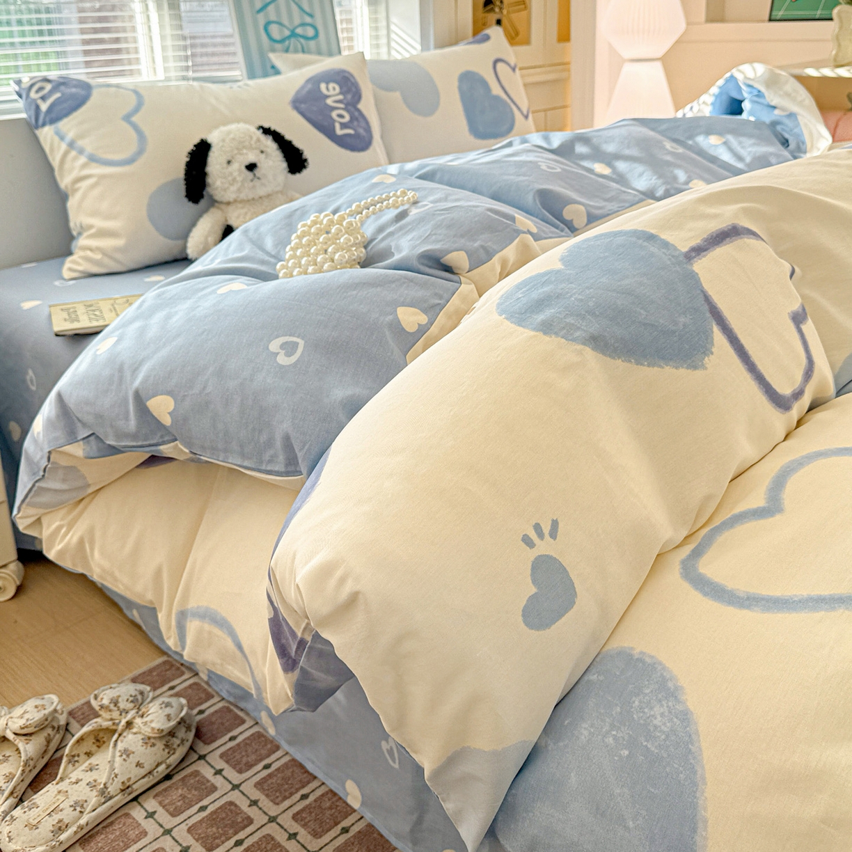 91家纺网 家纺一手货源 找家纺 名品家纺 2026新款100%纯棉四件套系列 奶油爱心