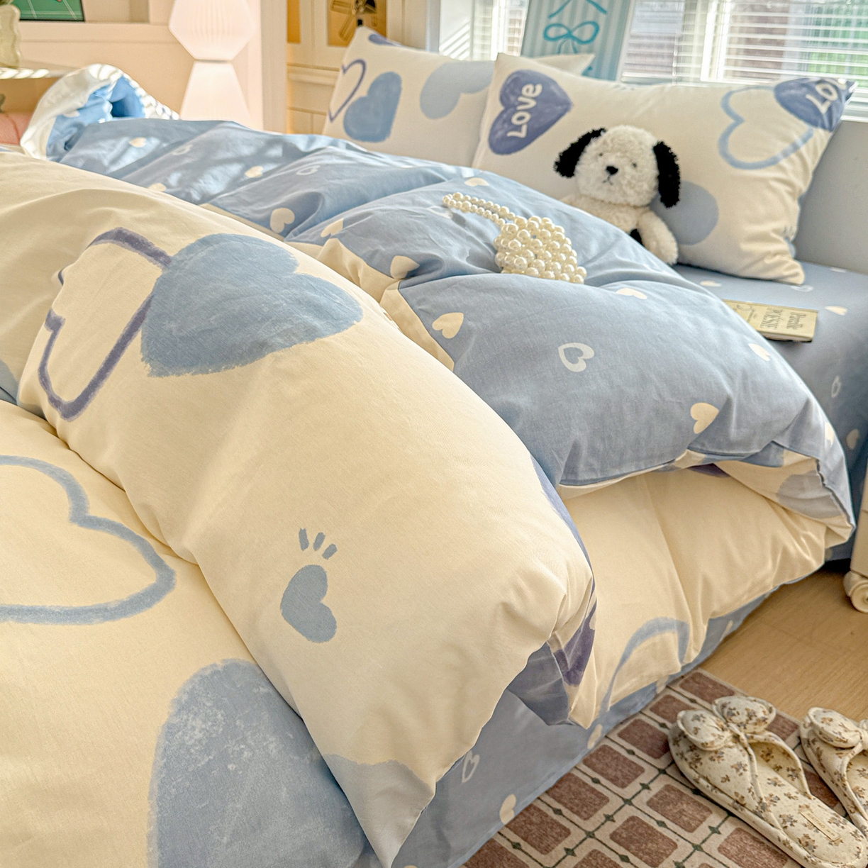 91家纺网 家纺一手货源 找家纺 名品家纺 2026新款100%纯棉四件套系列 奶油爱心