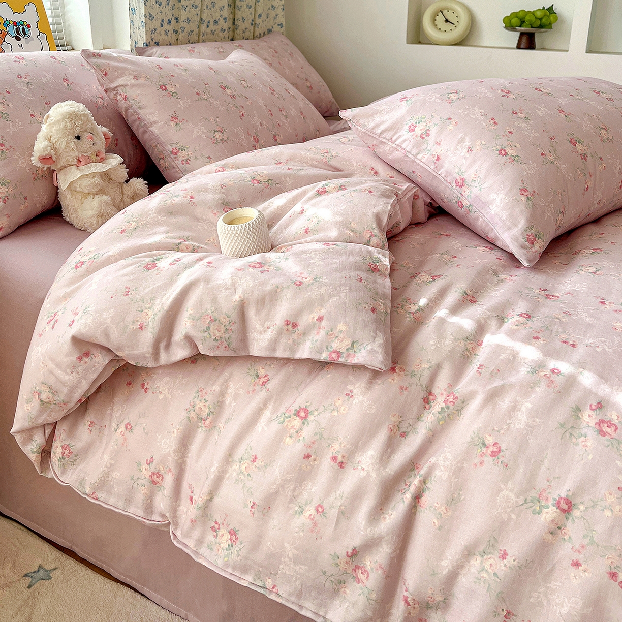 91家纺网 家纺一手货源 找家纺 麦伦家居 2026春夏新品全棉有氧双层纱印花系列简约款四件套 浅梦紫