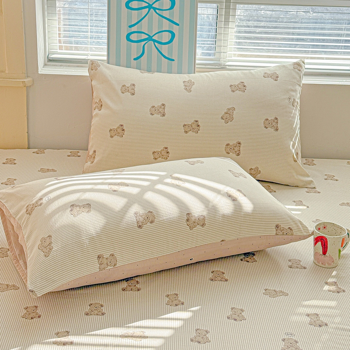 91家纺网 家纺一手货源 找家纺 名品家纺 2026新款100%纯棉四件套系列 条纹小熊