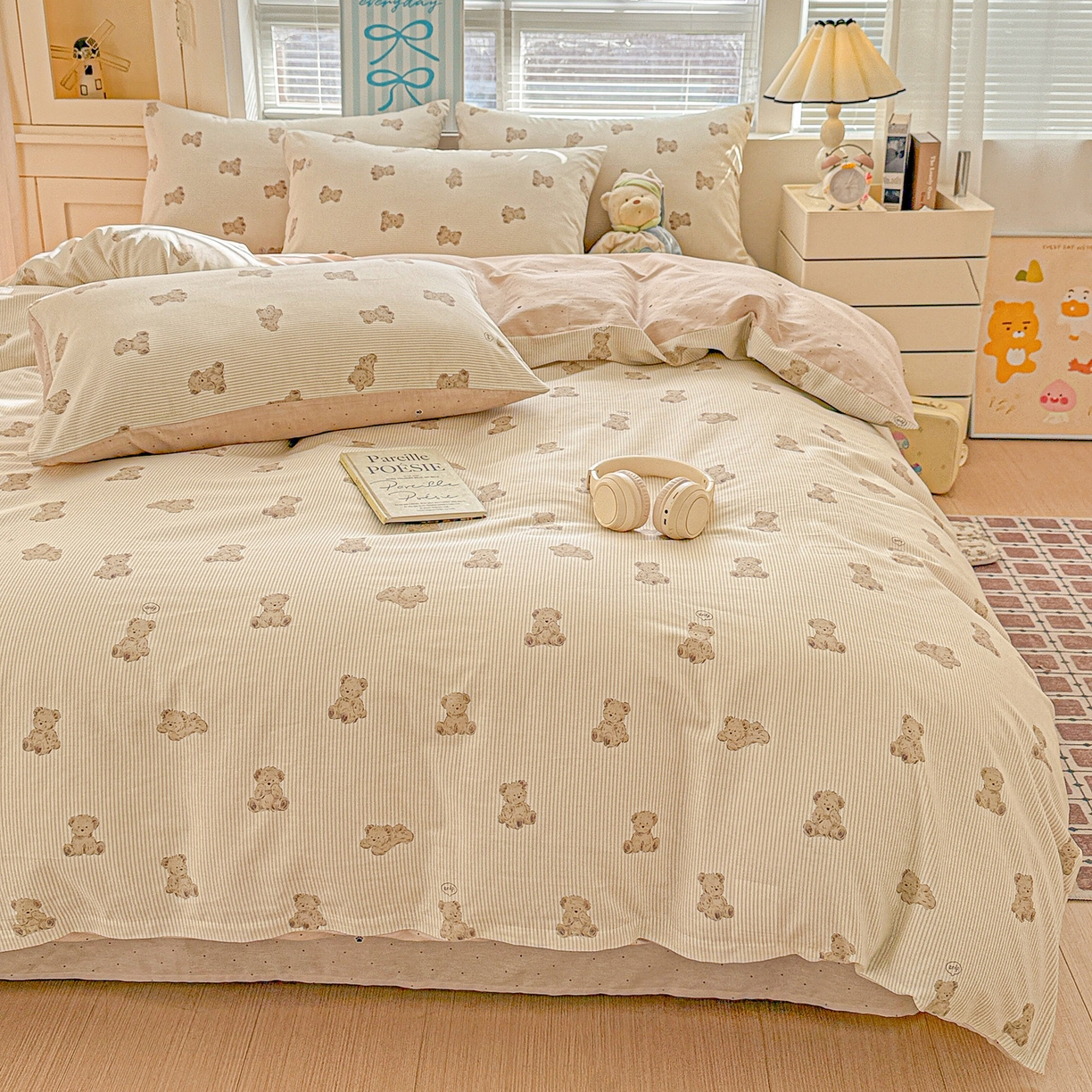 91家纺网 家纺一手货源 找家纺 名品家纺 2026新款100%纯棉四件套系列 条纹小熊