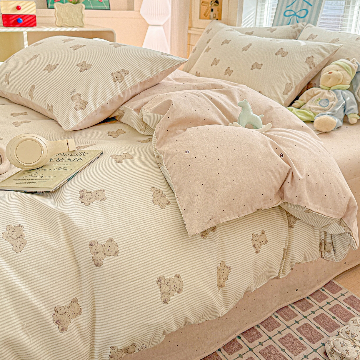 91家纺网 家纺一手货源 找家纺 名品家纺 2026新款100%纯棉四件套系列 条纹小熊