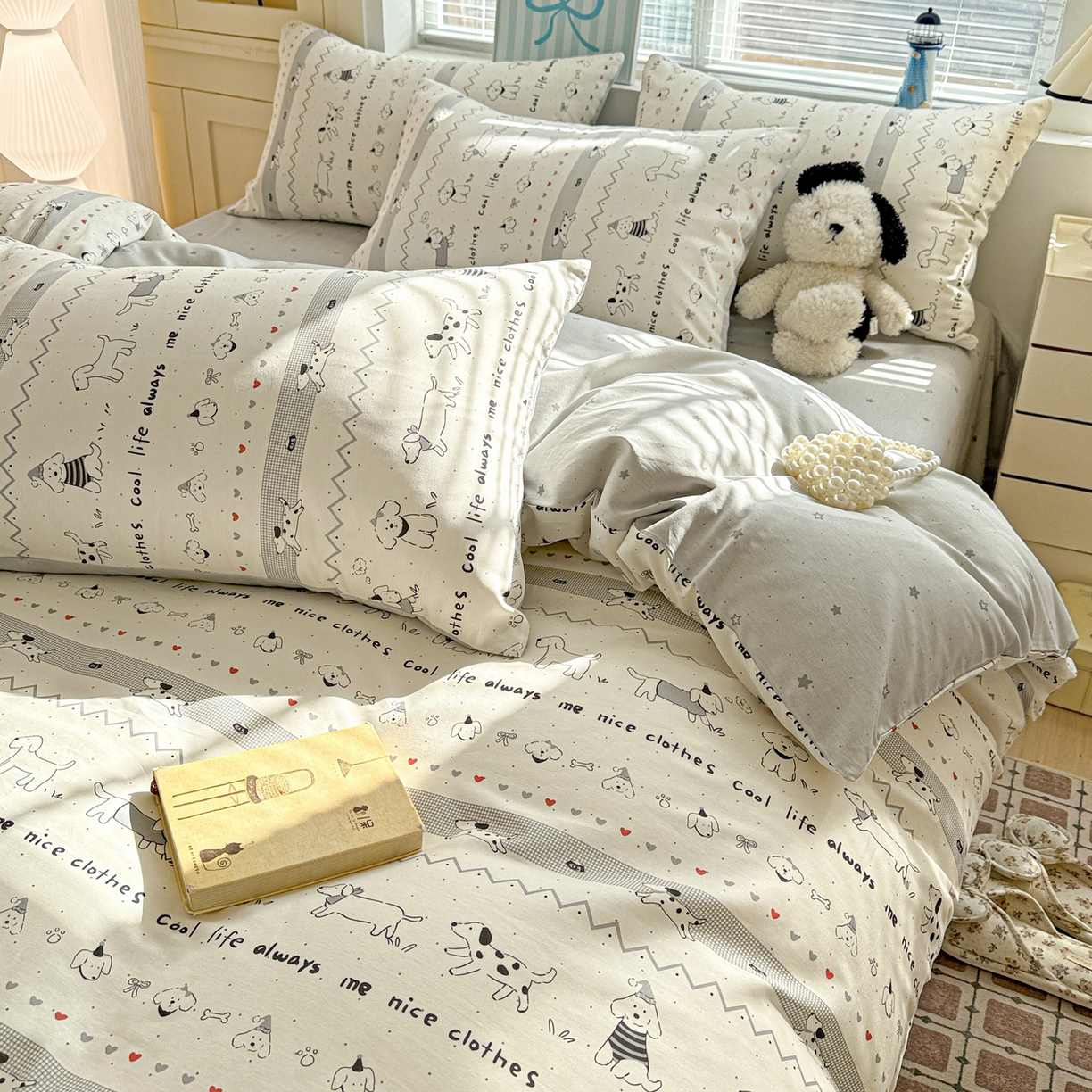 91家纺网 家纺一手货源 找家纺 名品家纺 2026新款100%纯棉四件套系列 线条小狗