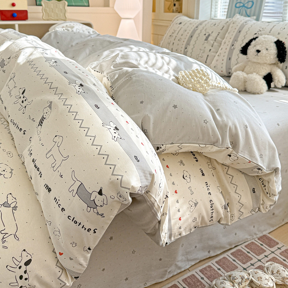 91家纺网 家纺一手货源 找家纺 名品家纺 2026新款100%纯棉四件套系列 线条小狗