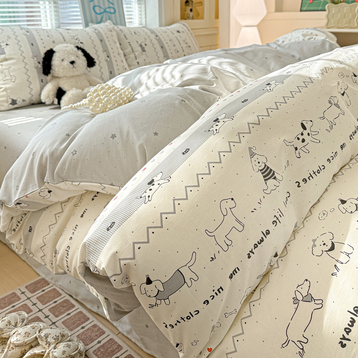 91家纺网 家纺一手货源 找家纺 名品家纺 2026新款100%纯棉四件套系列 线条小狗