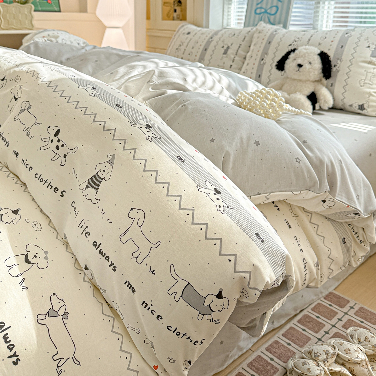 91家纺网 家纺一手货源 找家纺 名品家纺 2026新款100%纯棉四件套系列 线条小狗