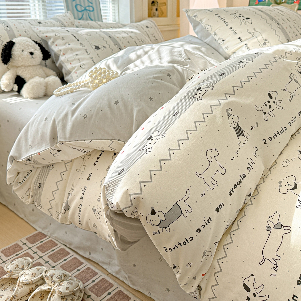 91家纺网 家纺一手货源 找家纺 名品家纺 2026新款100%纯棉四件套系列 线条小狗