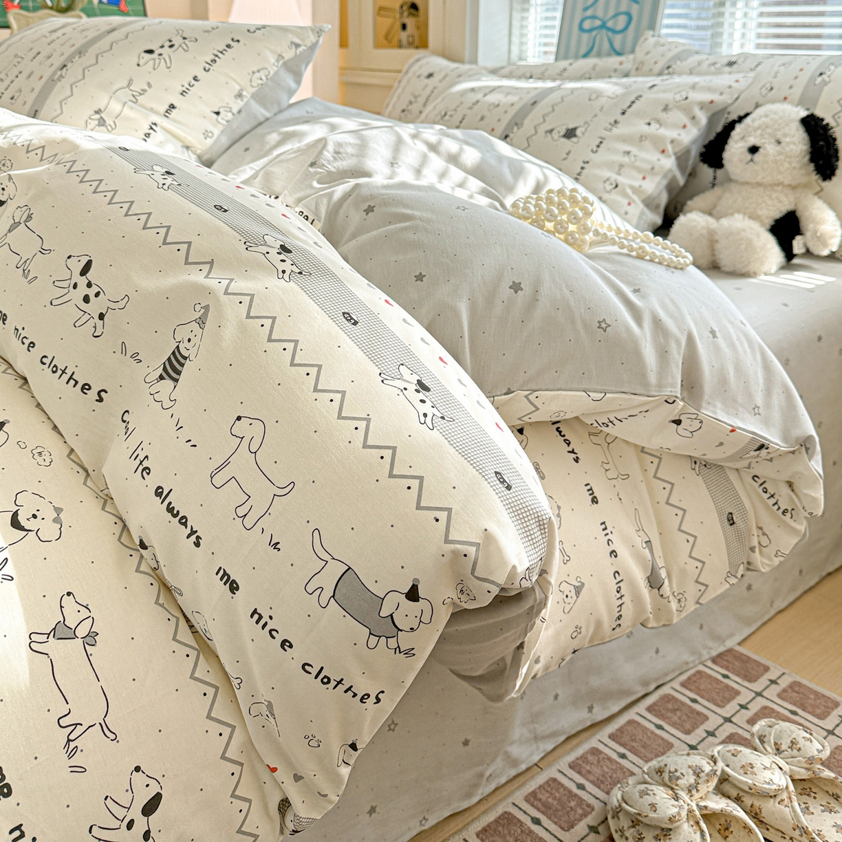 91家纺网 家纺一手货源 找家纺 名品家纺 2026新款100%纯棉四件套系列 线条小狗