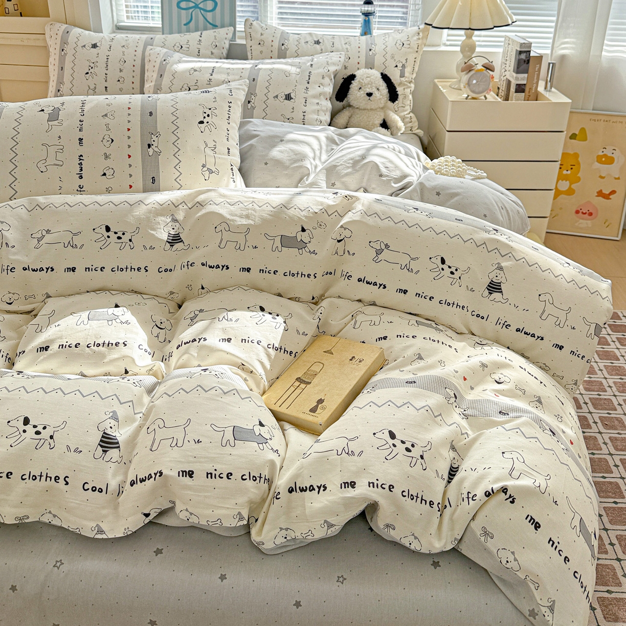 91家纺网 家纺一手货源 找家纺 名品家纺 2026新款100%纯棉四件套系列 线条小狗