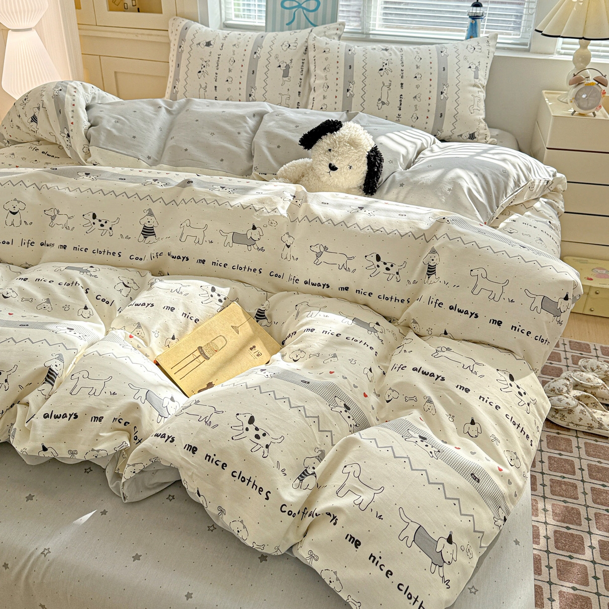 91家纺网 家纺一手货源 找家纺 名品家纺 2026新款100%纯棉四件套系列 线条小狗