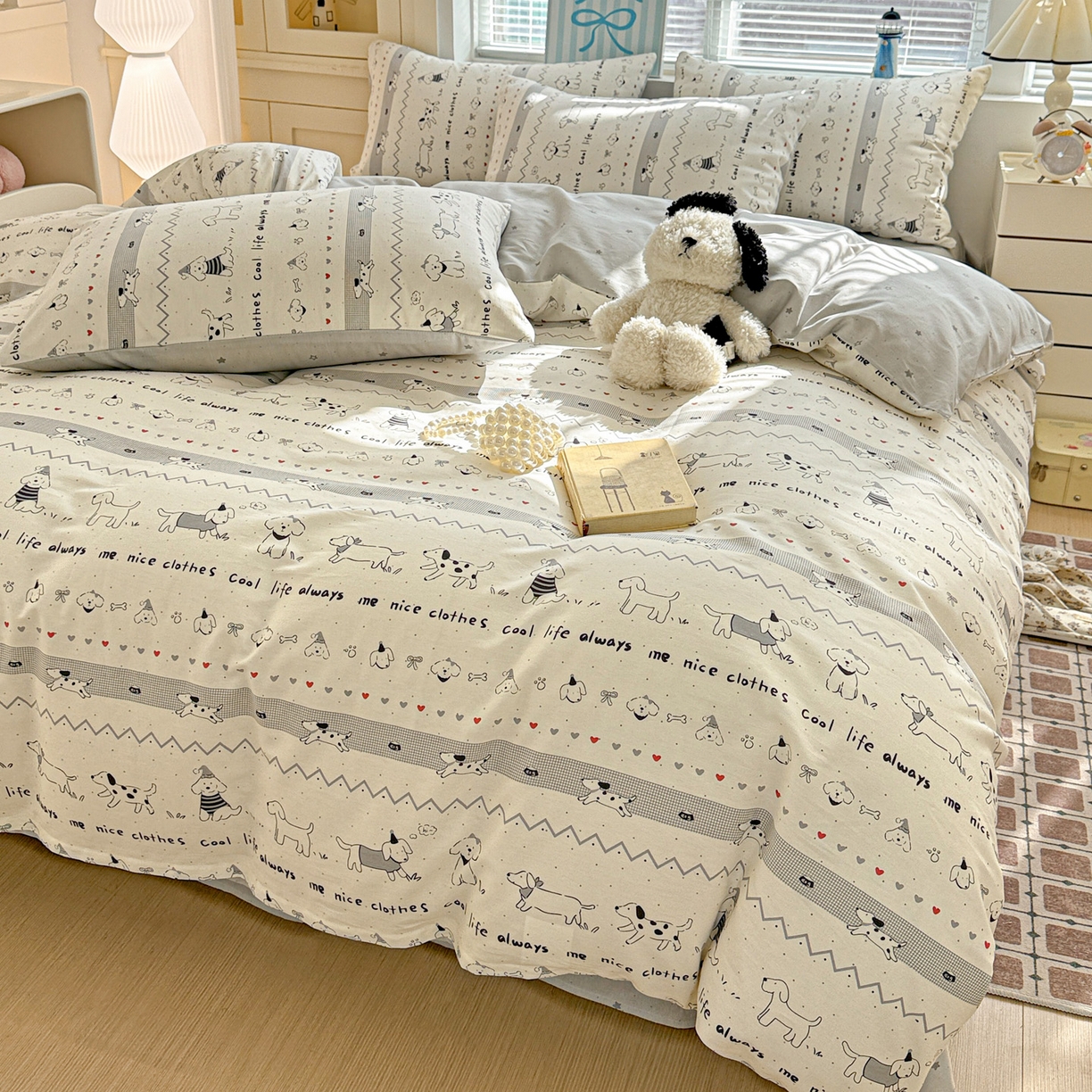 91家纺网 家纺一手货源 找家纺 名品家纺 2026新款100%纯棉四件套系列 线条小狗