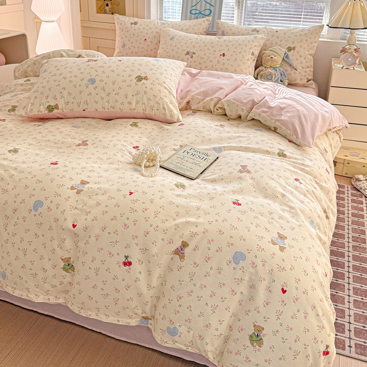 91家纺网 家纺一手货源 找家纺 名品家纺 2026新款100%纯棉四件套系列 樱桃小熊