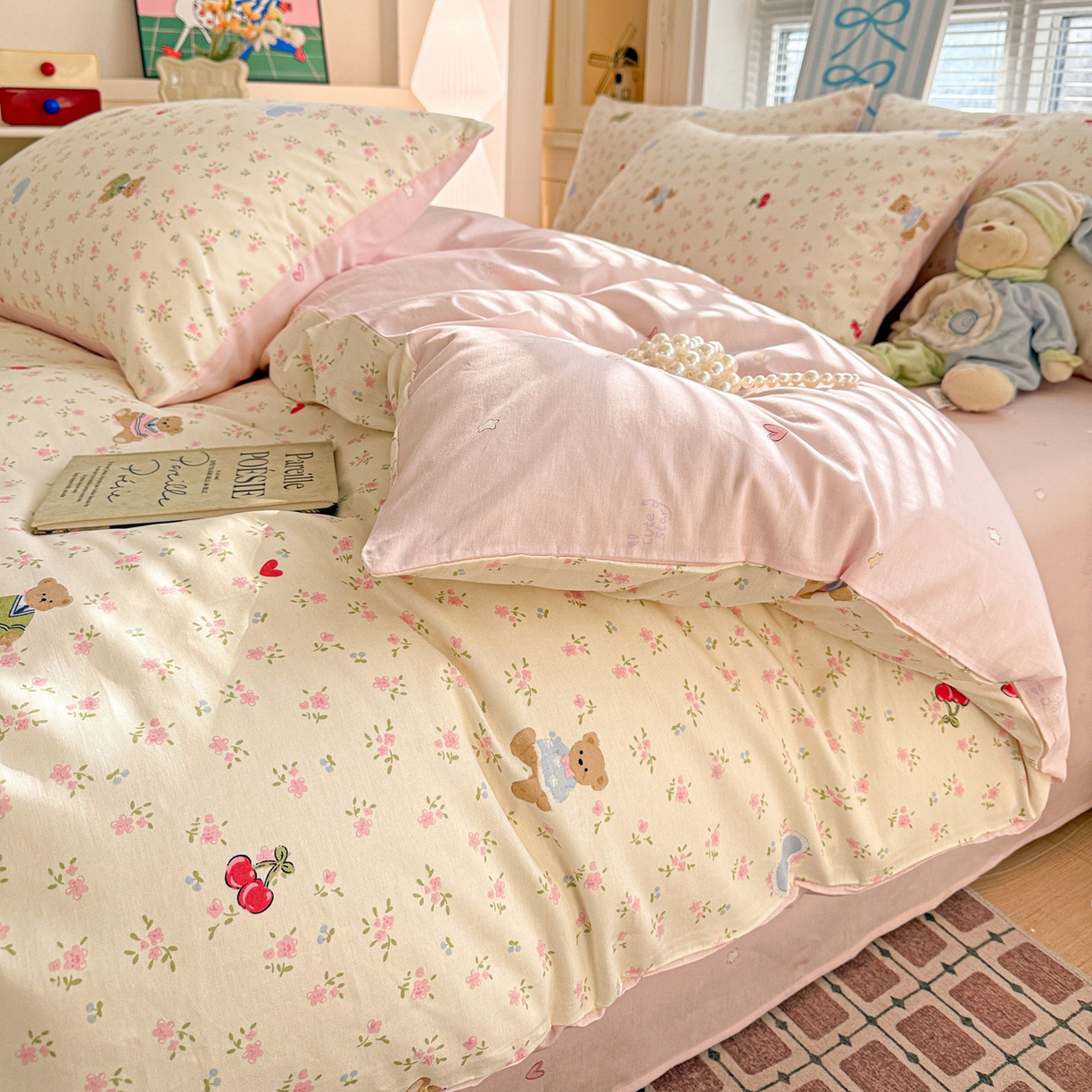 91家纺网 家纺一手货源 找家纺 名品家纺 2026新款100%纯棉四件套系列 樱桃小熊