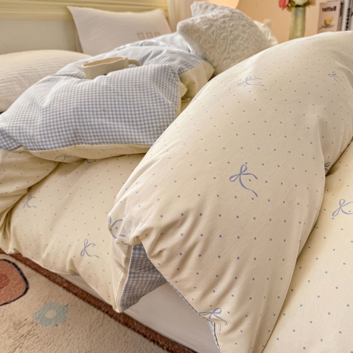 91家纺网 家纺一手货源 找家纺 名品家纺 2026新款100%纯棉单被套系列 波点蝴蝶结