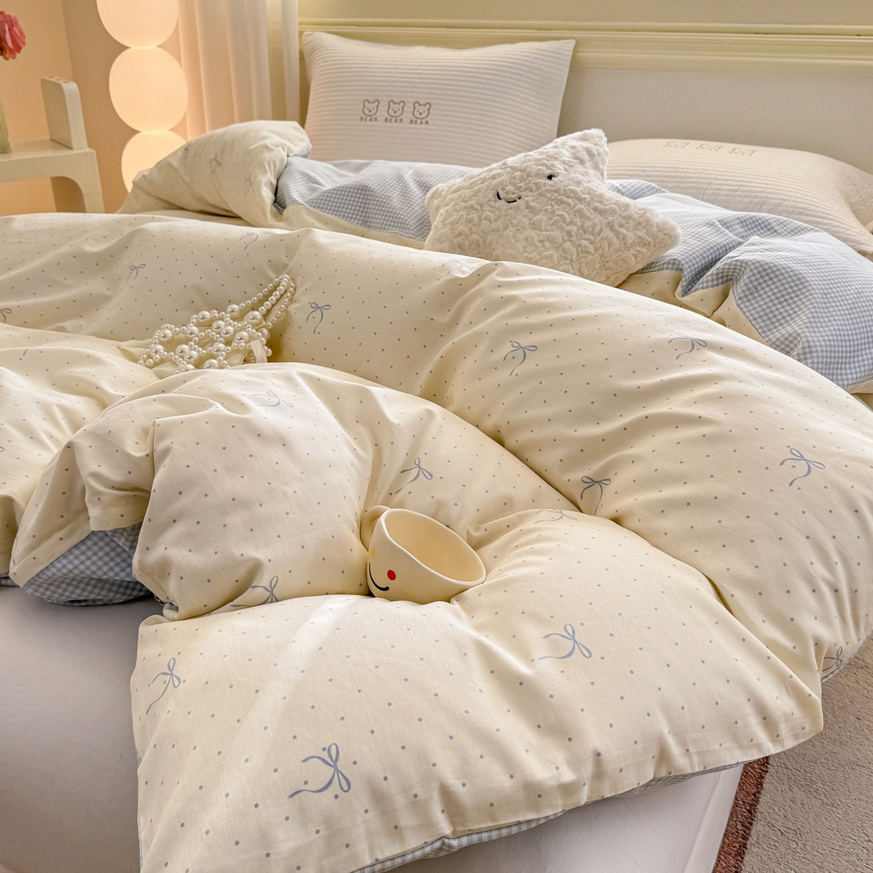 91家纺网 家纺一手货源 找家纺 名品家纺 2026新款100%纯棉单被套系列 波点蝴蝶结