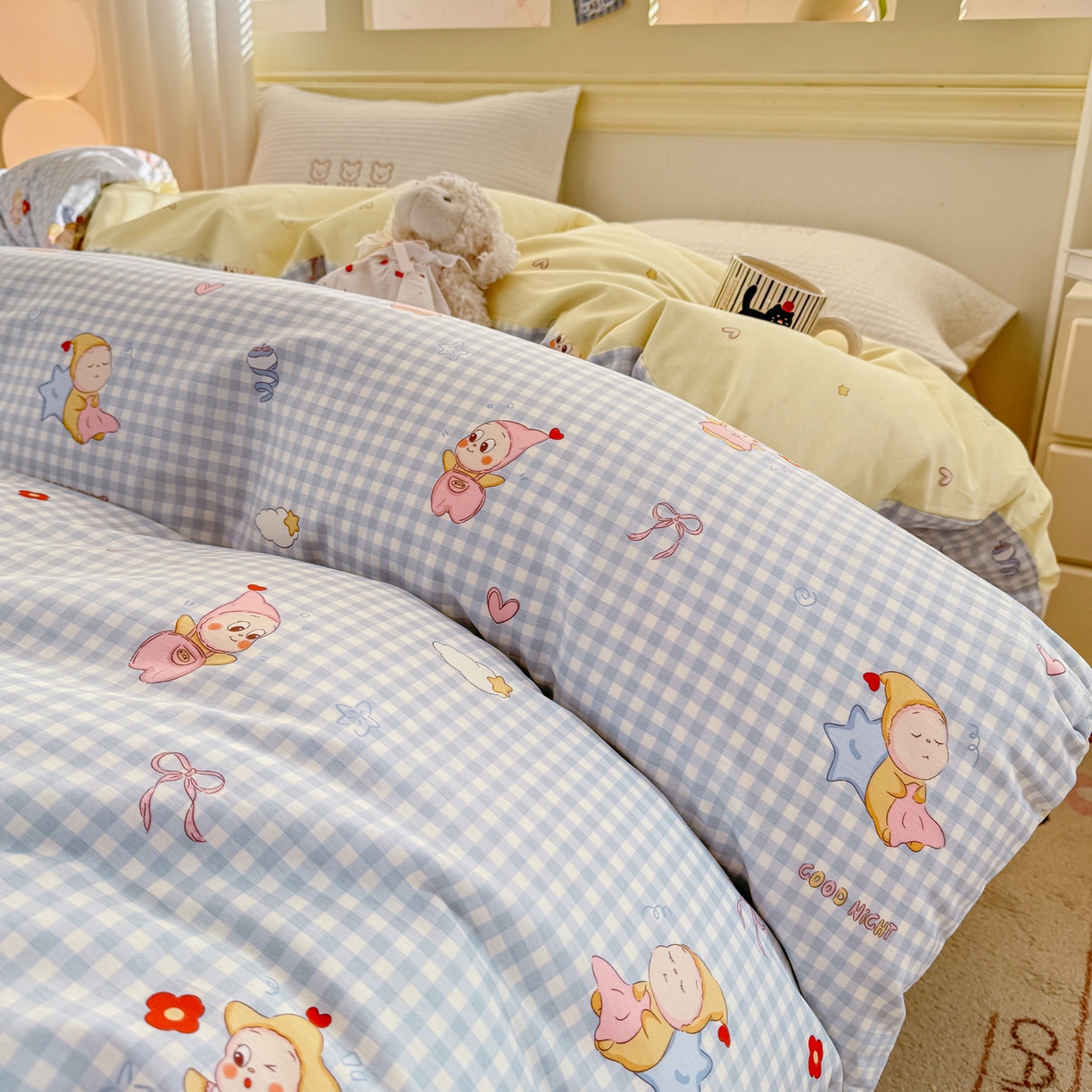 91家纺网 家纺一手货源 找家纺 名品家纺 2026新款100%纯棉单被套系列 蓝格星星