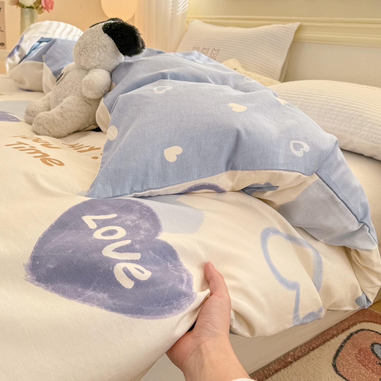 91家纺网 家纺一手货源 找家纺 名品家纺 2026新款100%纯棉单被套系列 提供买家秀 奶油爱心