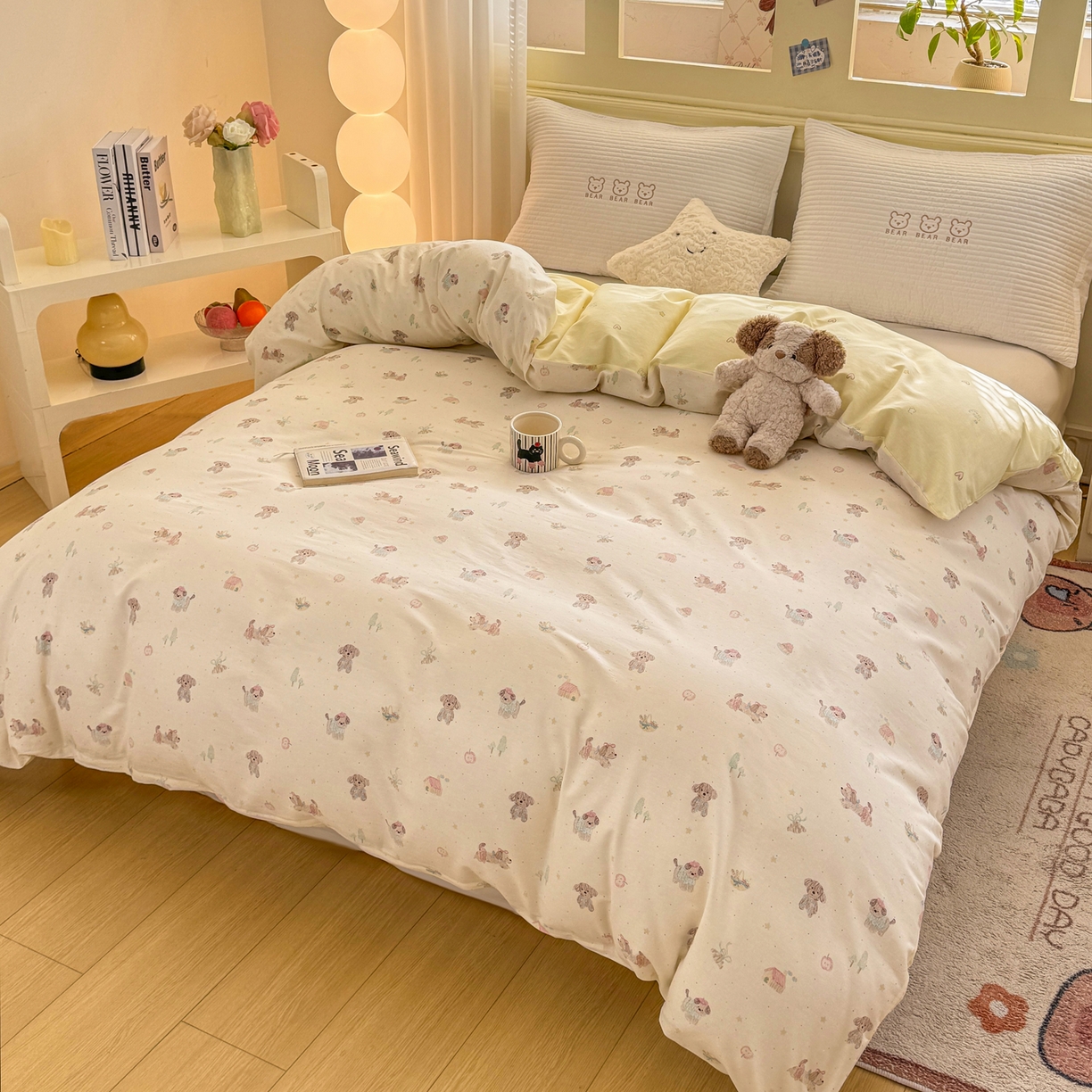 91家纺网 家纺一手货源 找家纺 名品家纺 2026新款100%纯棉单被套系列 苹果小狗