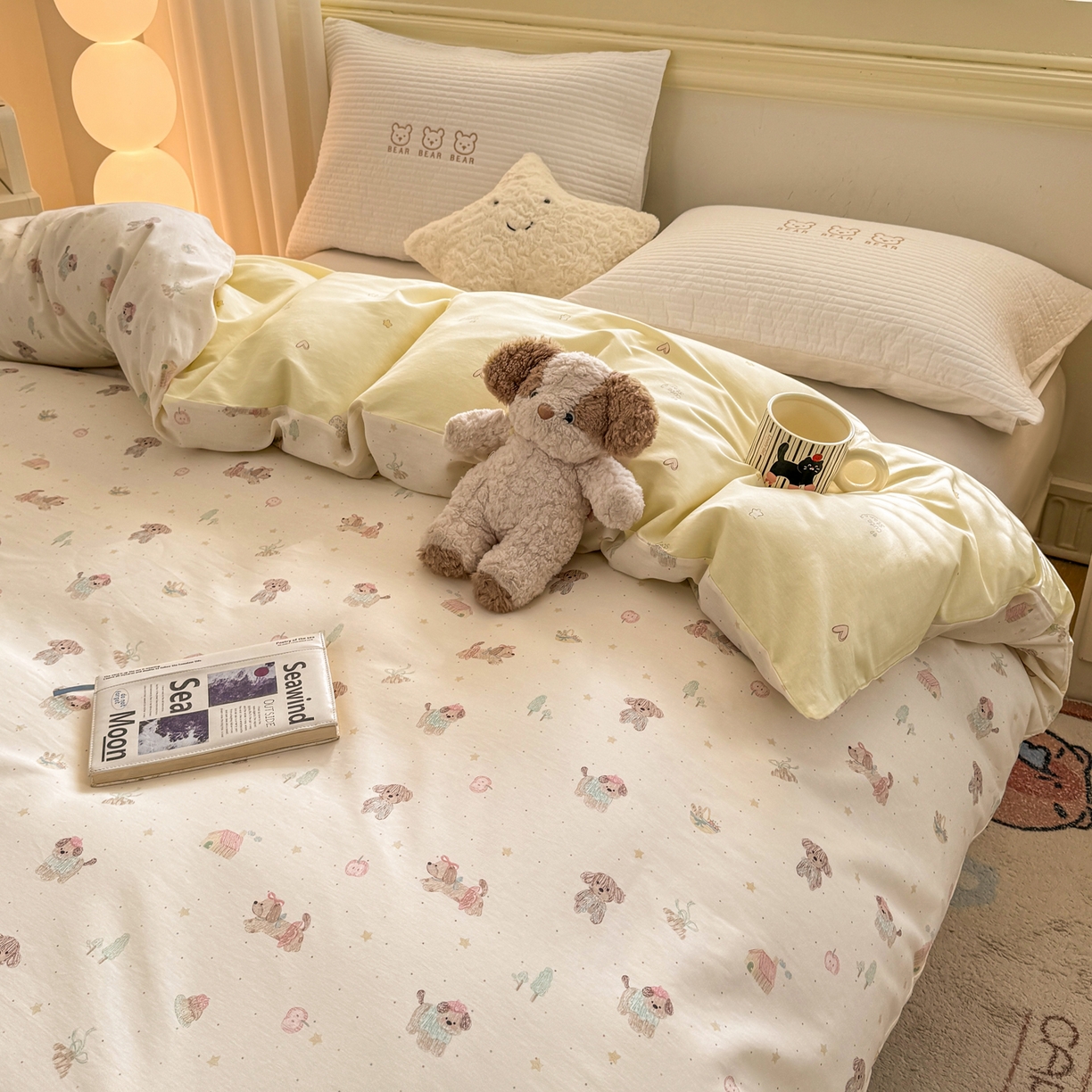 91家纺网 家纺一手货源 找家纺 名品家纺 2026新款100%纯棉单被套系列 苹果小狗