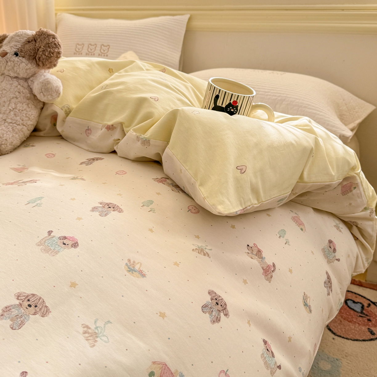 91家纺网 家纺一手货源 找家纺 名品家纺 2026新款100%纯棉单被套系列 苹果小狗