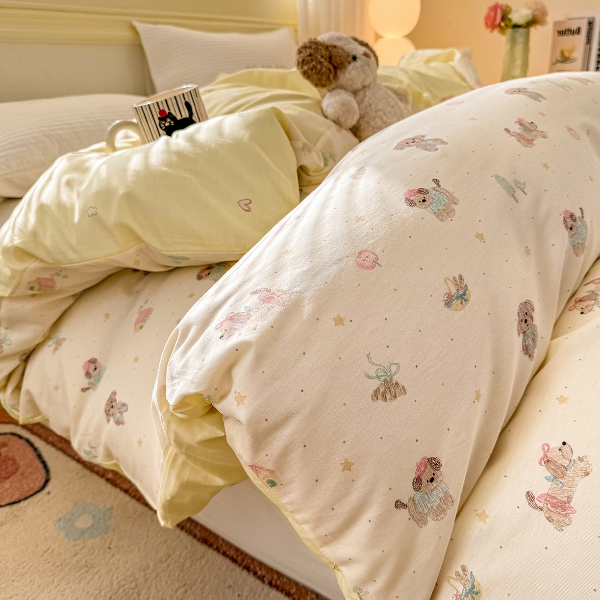 91家纺网 家纺一手货源 找家纺 名品家纺 2026新款100%纯棉单被套系列 苹果小狗