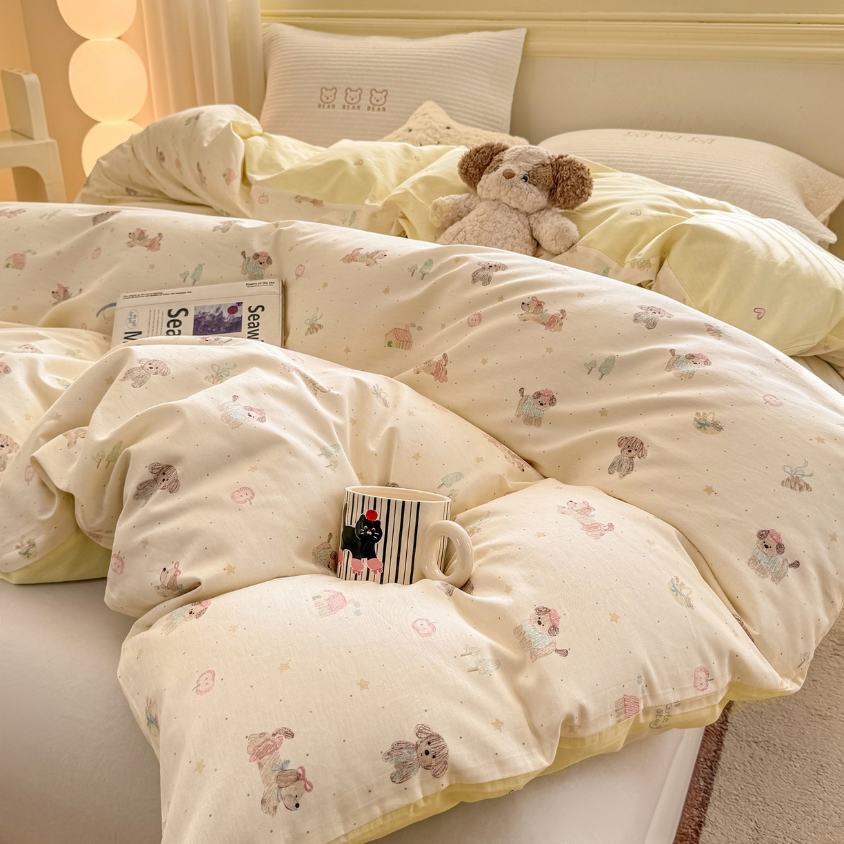 91家纺网 家纺一手货源 找家纺 名品家纺 2026新款100%纯棉单被套系列 苹果小狗