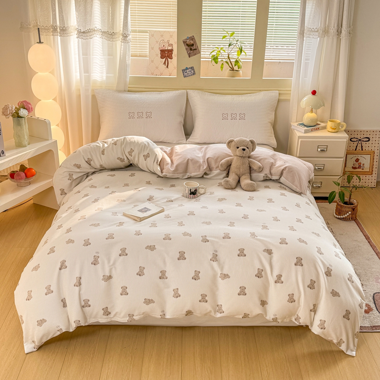 91家纺网 家纺一手货源 找家纺 名品家纺 2026新款100%纯棉单被套系列 条纹小熊