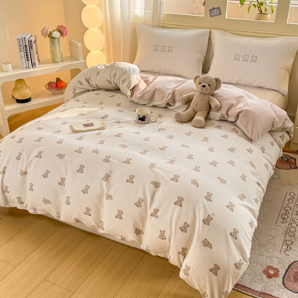 91家纺网 家纺一手货源 找家纺 名品家纺 2026新款100%纯棉单被套系列 条纹小熊