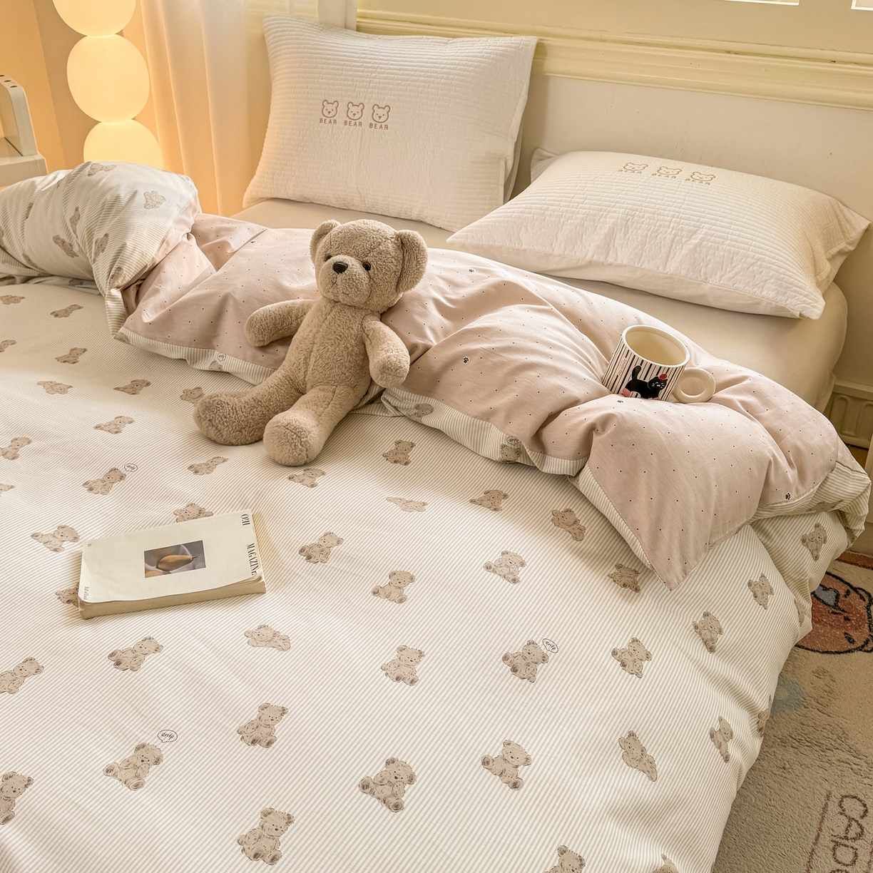 91家纺网 家纺一手货源 找家纺 名品家纺 2026新款100%纯棉单被套系列 条纹小熊