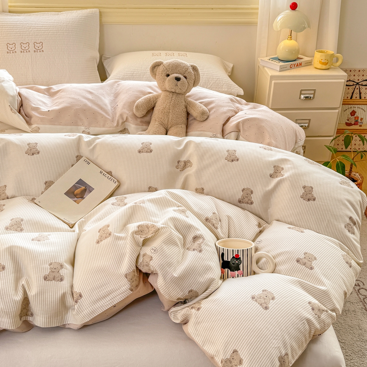 91家纺网 家纺一手货源 找家纺 名品家纺 2026新款100%纯棉单被套系列 条纹小熊