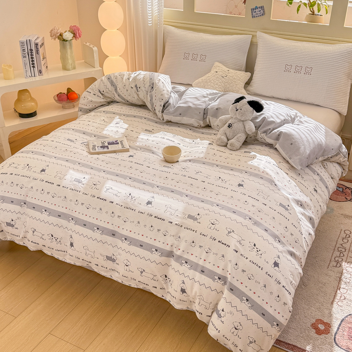 91家纺网 家纺一手货源 找家纺 名品家纺 2026新款100%纯棉单被套系列 线条小狗