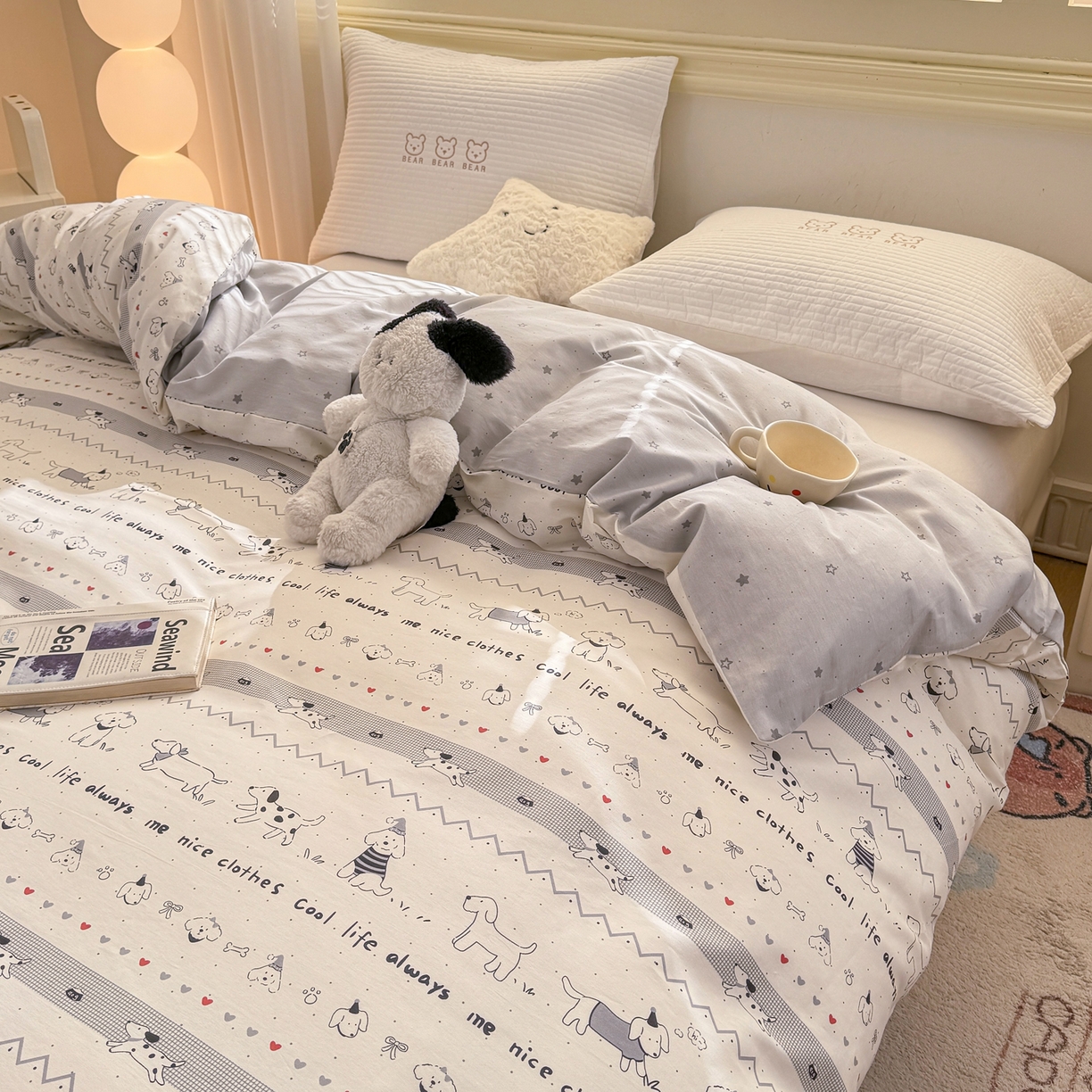 91家纺网 家纺一手货源 找家纺 名品家纺 2026新款100%纯棉单被套系列 线条小狗