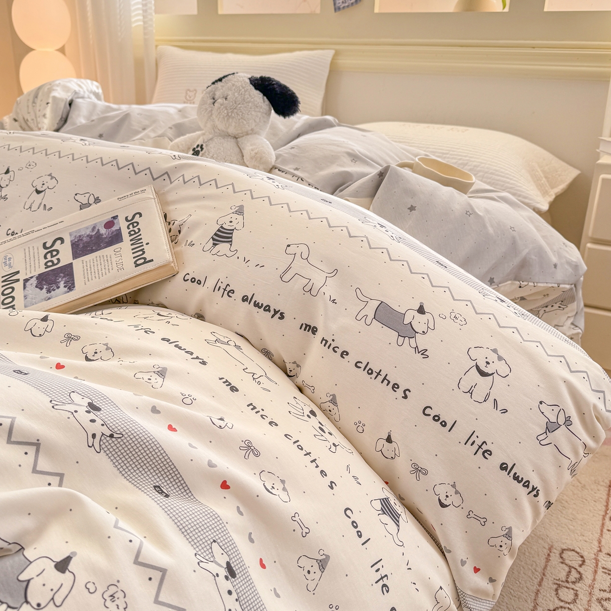 91家纺网 家纺一手货源 找家纺 名品家纺 2026新款100%纯棉单被套系列 线条小狗