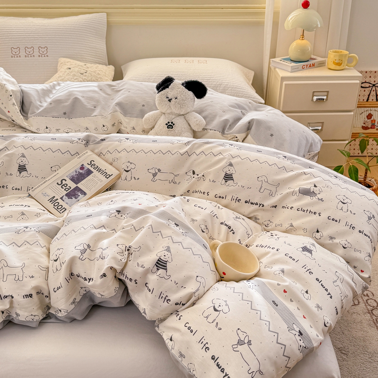 91家纺网 家纺一手货源 找家纺 名品家纺 2026新款100%纯棉单被套系列 线条小狗