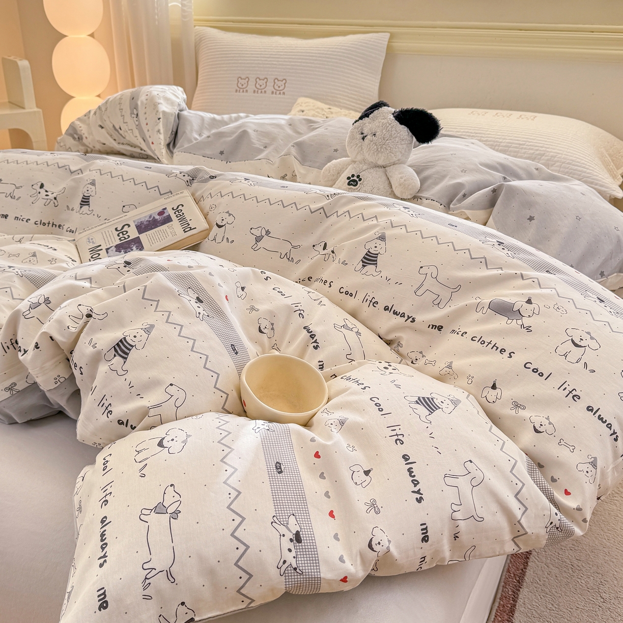 91家纺网 家纺一手货源 找家纺 名品家纺 2026新款100%纯棉单被套系列 线条小狗