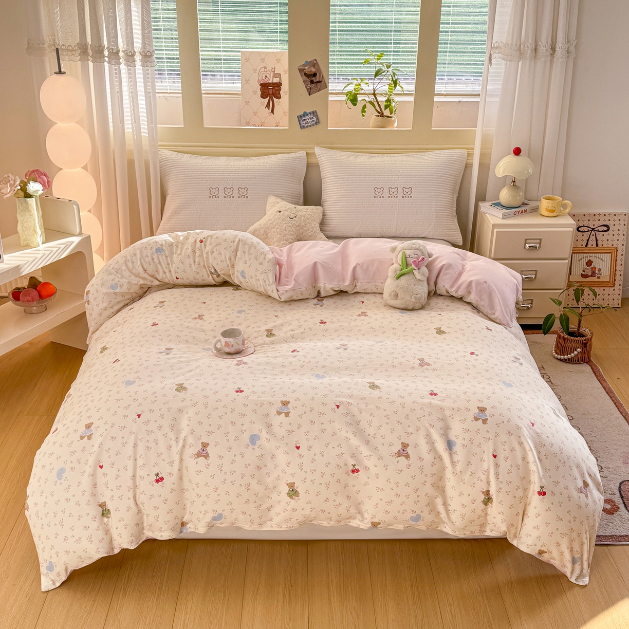 91家纺网 家纺一手货源 找家纺 名品家纺 2026新款100%纯棉单被套系列 樱桃小熊