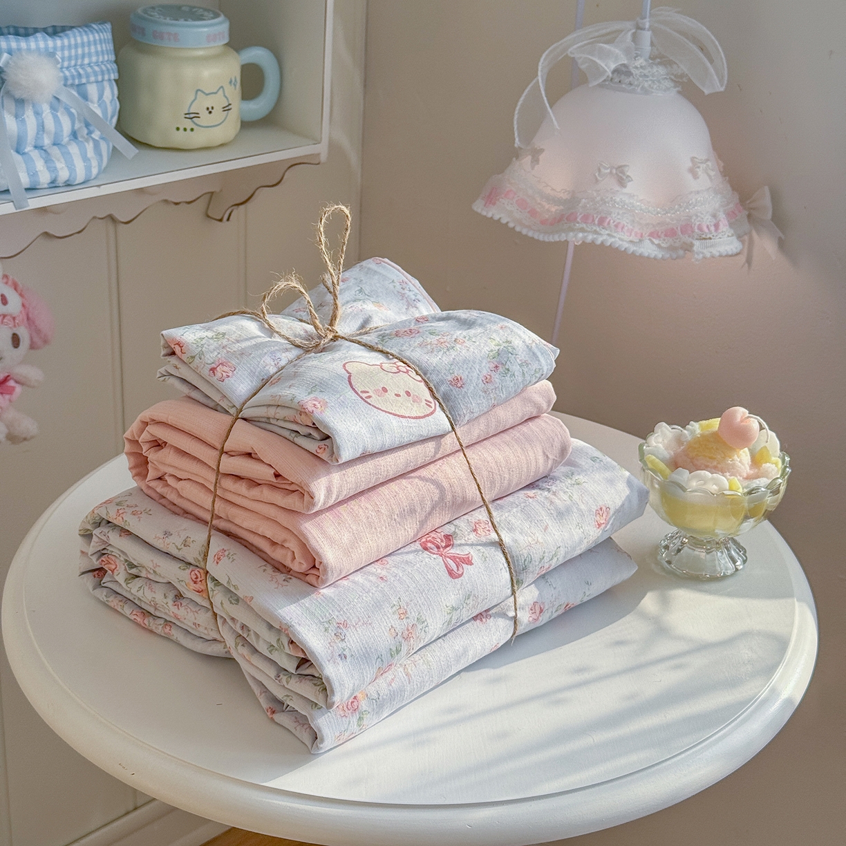 91家纺网 家纺一手货源 找家纺 （总）罗亿家纺 2026新款小清新云感双层纱木棉四件套系列（小红书热款推荐）