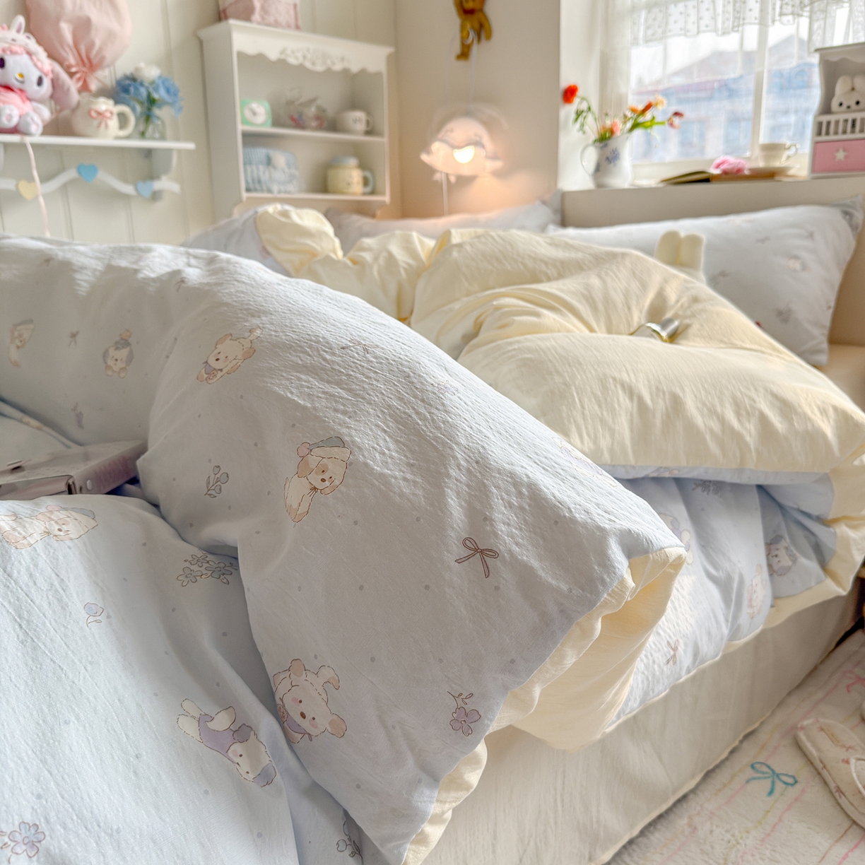 91家纺网 家纺一手货源 找家纺 （总）罗亿家纺 2026新款小清新云感双层纱木棉四件套系列（小红书热款推荐）