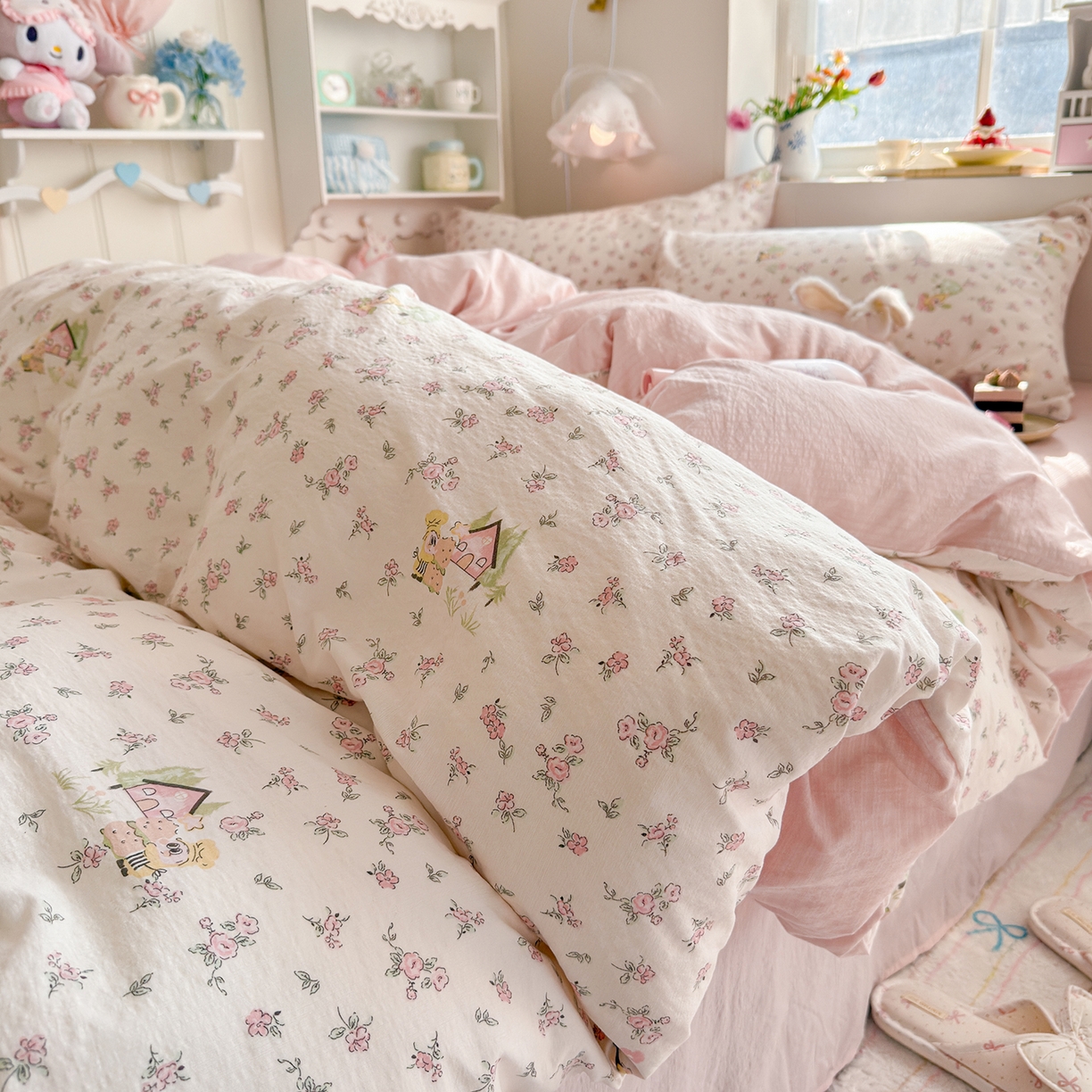 91家纺网 家纺一手货源 找家纺 （总）罗亿家纺 2026新款小清新云感双层纱木棉四件套系列（小红书热款推荐）