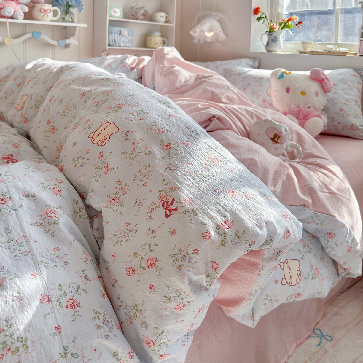 罗亿家纺 2026新款小清新云感双层纱木棉四件套系列（小红书热款推荐） kitty甜梦窝