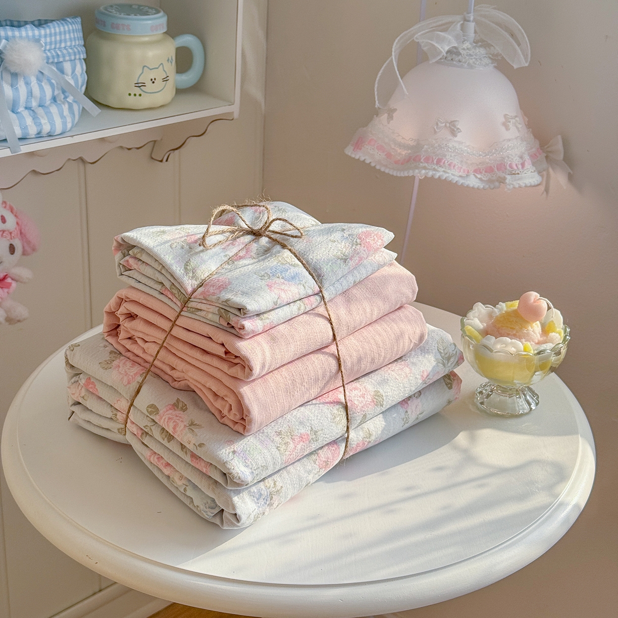 91家纺网 家纺一手货源 找家纺 罗亿家纺 2026新款小清新云感双层纱木棉四件套系列（小红书热款推荐） 春日限定