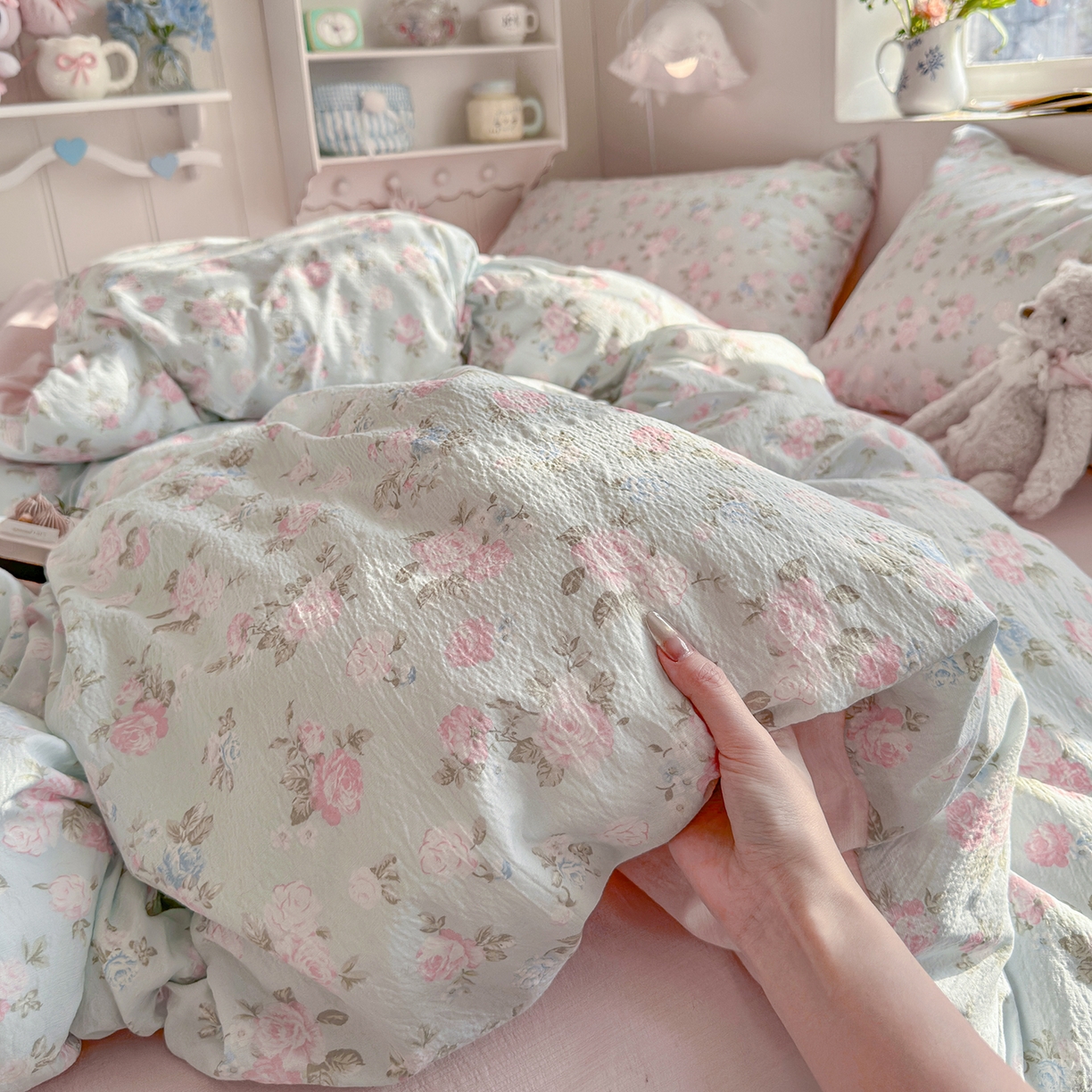 91家纺网 家纺一手货源 找家纺 罗亿家纺 2026新款小清新云感双层纱木棉四件套系列（小红书热款推荐） 春日限定