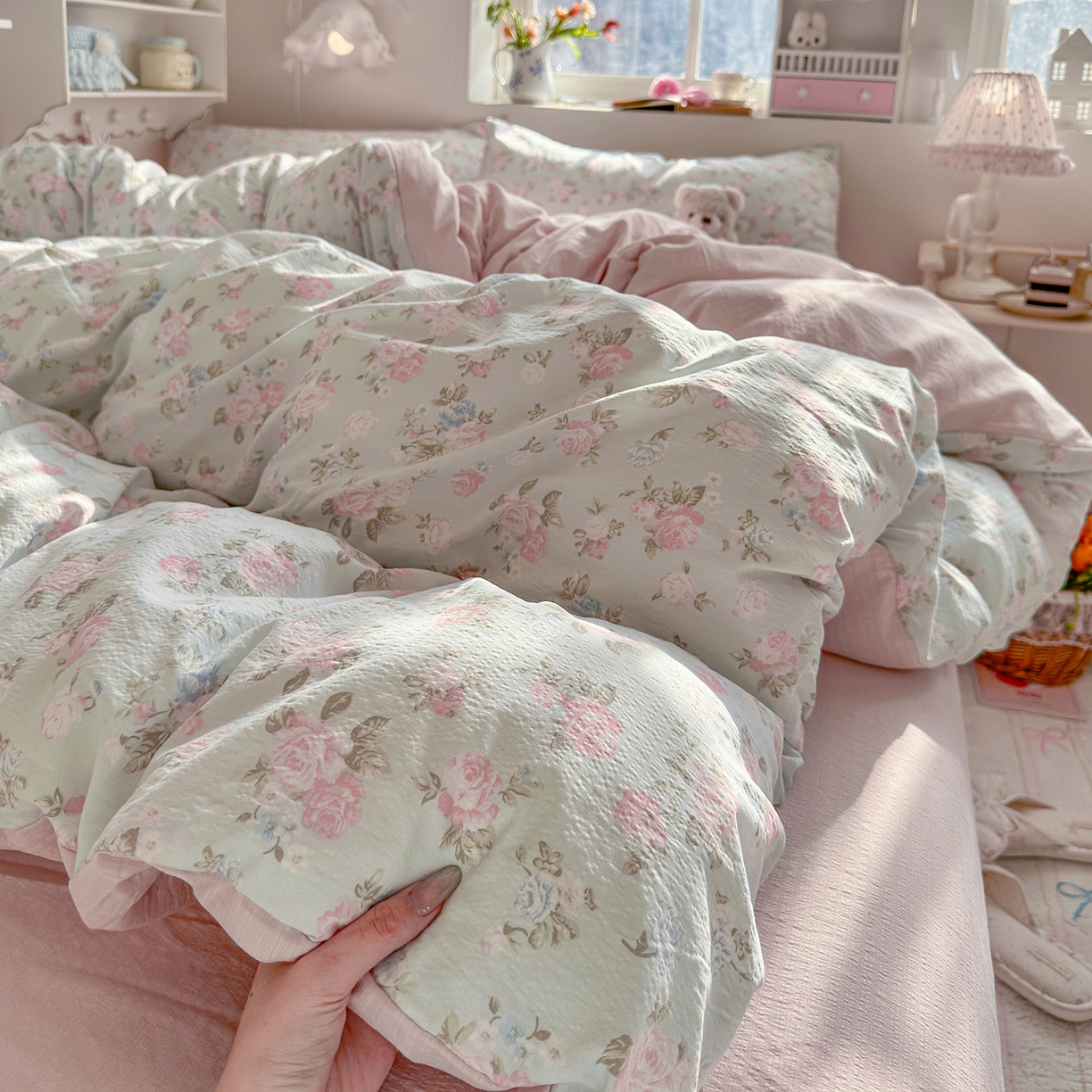 91家纺网 家纺一手货源 找家纺 罗亿家纺 2026新款小清新云感双层纱木棉四件套系列（小红书热款推荐） 春日限定