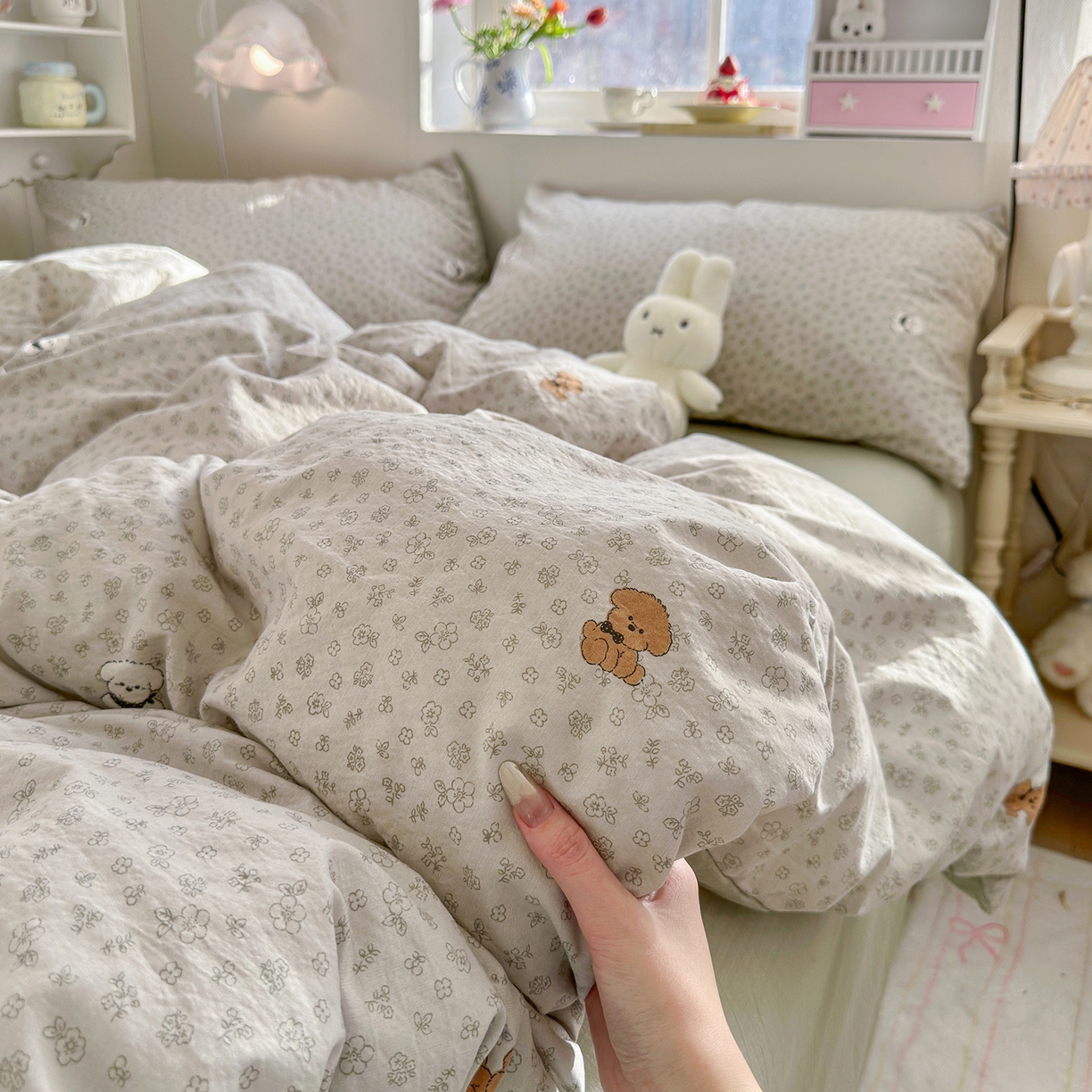 91家纺网 家纺一手货源 找家纺 罗亿家纺 2026新款小清新云感双层纱木棉四件套系列（小红书热款推荐） 点点小狗