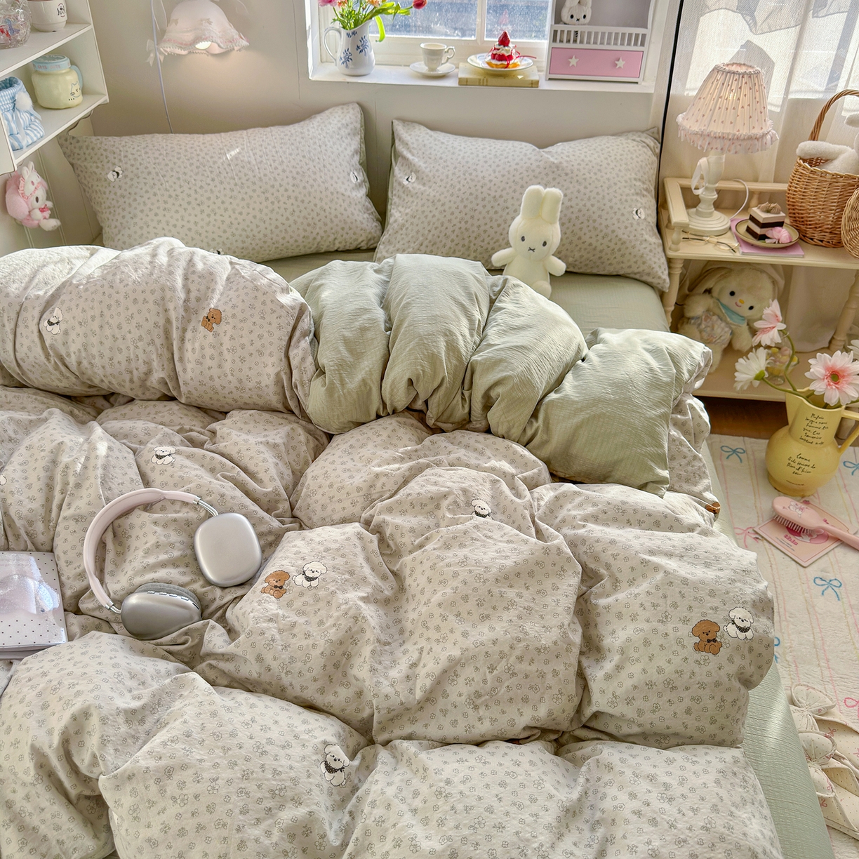 91家纺网 家纺一手货源 找家纺 罗亿家纺 2026新款小清新云感双层纱木棉四件套系列（小红书热款推荐） 点点小狗