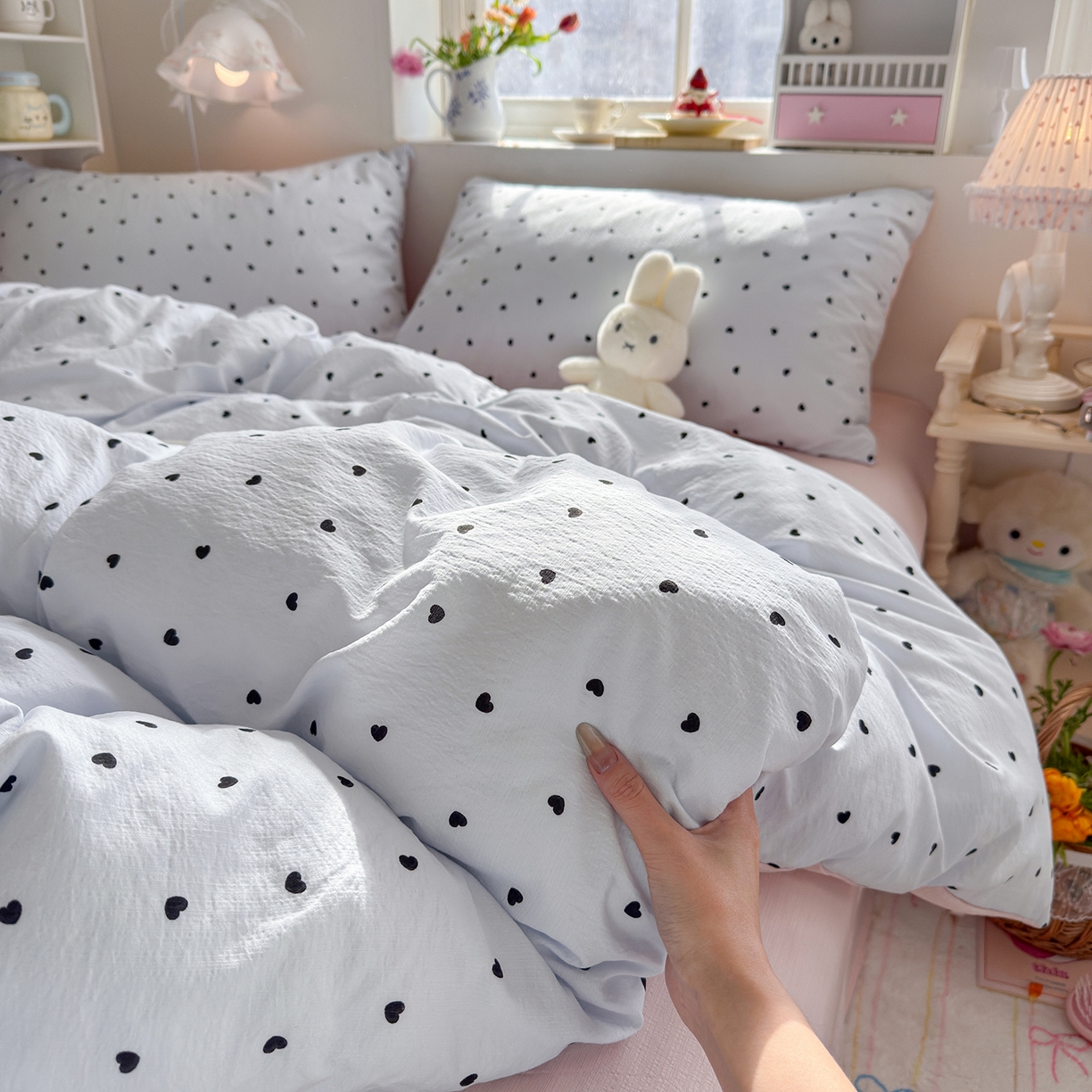 91家纺网 家纺一手货源 找家纺 罗亿家纺 2026新款小清新云感双层纱木棉四件套系列（小红书热款推荐） 海盐甜心