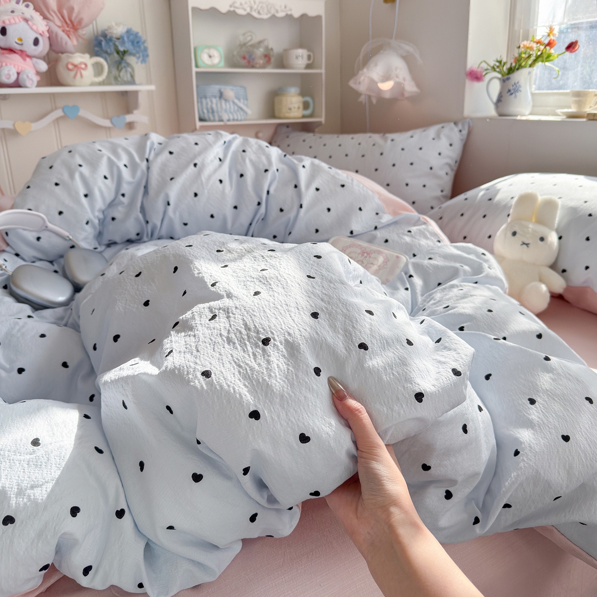 91家纺网 家纺一手货源 找家纺 罗亿家纺 2026新款小清新云感双层纱木棉四件套系列（小红书热款推荐） 海盐甜心