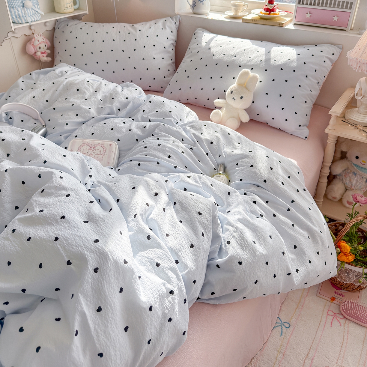 91家纺网 家纺一手货源 找家纺 罗亿家纺 2026新款小清新云感双层纱木棉四件套系列（小红书热款推荐） 海盐甜心